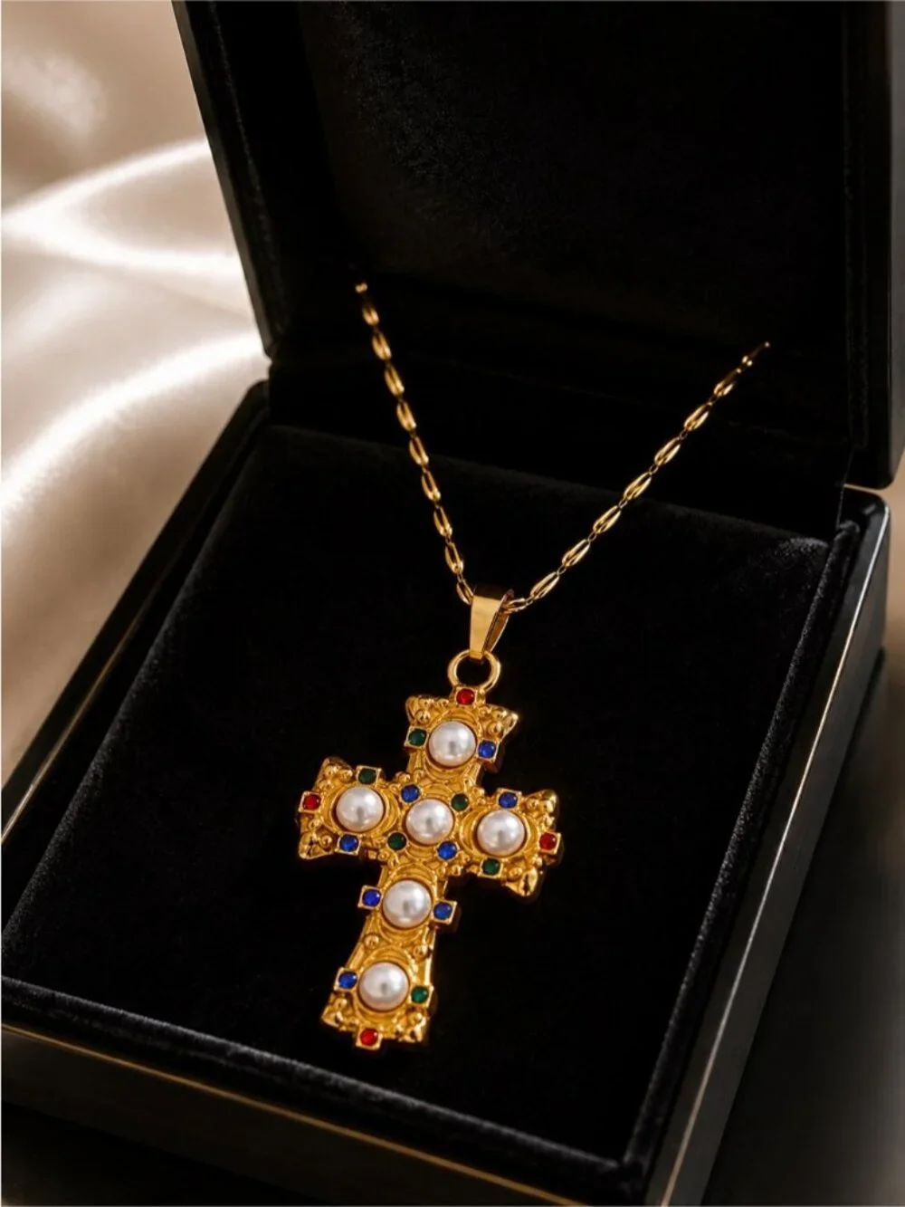 Vintage Gold tone Cross Pendant Necklace with Pearls & Multicolored Gems